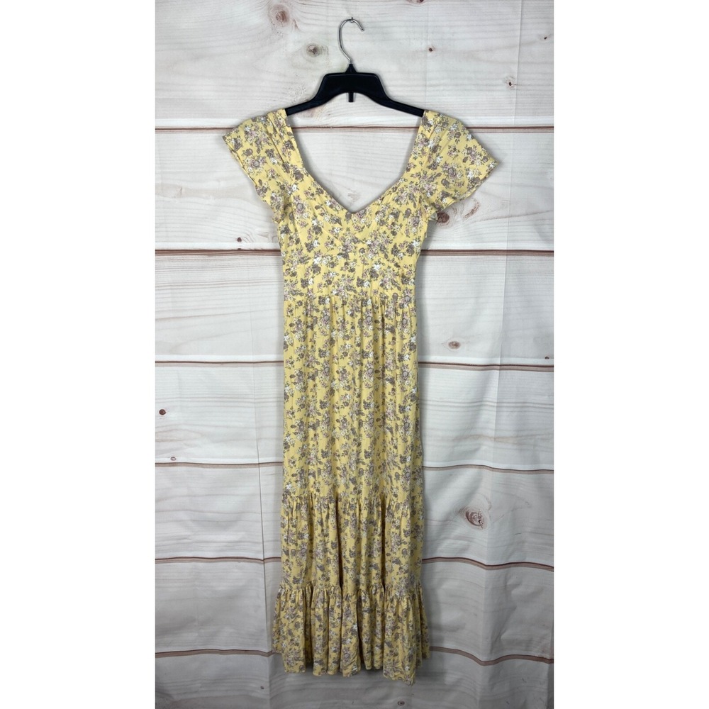 Auguste Dress Womens US 2 Yellow Floral Maxi Short Sleeve V-Neck Tiered Long